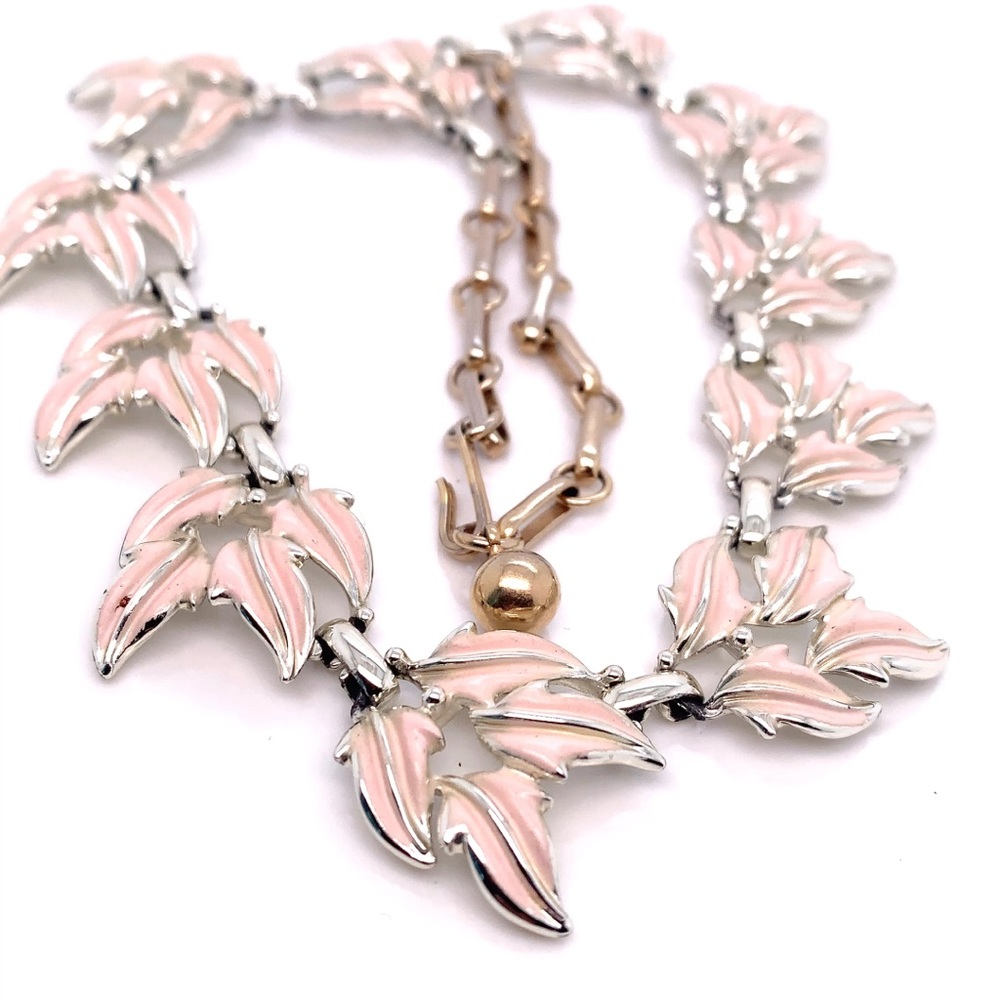 Two tone Pink and Silver Leaf Enamel Necklace 16.5”